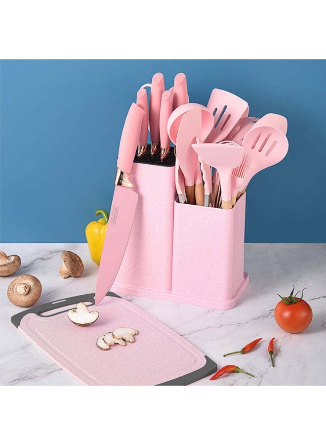 DubaiGallery طقم أدوات المطبخ السيليكون المتميز 19 قطعة مع تصميم مقبض خشبي، أدوات طهي غير خادشة، طقم سكاكين، ملعقات، مغرفة، خفاقة، ملقط، حامل تخزين، أساسيات مطبخ مقاومة للحرارة - Image 2